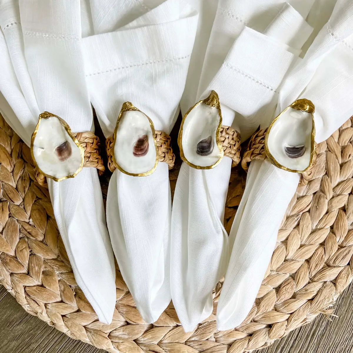 Gilded Oyster Shell Napkin Rings Coastal Rattan Set of 4 Eco Friendl