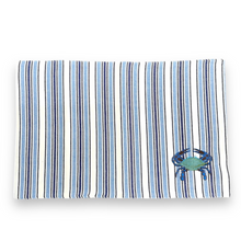 Load image into Gallery viewer, Set of 4 Blue Striped Crab Embroidered Placemats - Coastal Nautical Dining Table Mats