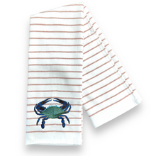 Load image into Gallery viewer, Coastal Kitchen Crab Embroidered Dish Towel - Striped Cotton Kitchen Towel