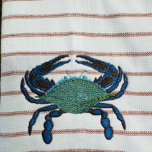 Load image into Gallery viewer, Coastal Kitchen Crab Embroidered Dish Towel - Striped Cotton Kitchen Towel
