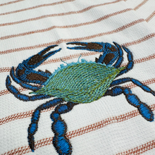 Load image into Gallery viewer, Coastal Kitchen Crab Embroidered Dish Towel - Striped Cotton Kitchen Towel