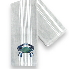 Load image into Gallery viewer, Nautical Gray Stripe Crab Embroidered Dish Towel - Coastal Cotton Kitchen Towel