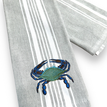 Load image into Gallery viewer, Nautical Gray Stripe Crab Embroidered Dish Towel - Coastal Cotton Kitchen Towel