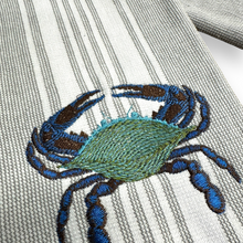 Load image into Gallery viewer, Nautical Gray Stripe Crab Embroidered Dish Towel - Coastal Cotton Kitchen Towel
