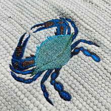 Load image into Gallery viewer, Seaside Elegance: Gray Table Runner with Embroidered Blue Crab and Oyster – Coastal Dining Décor