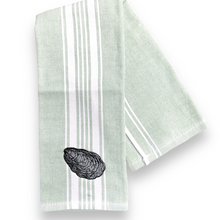 Load image into Gallery viewer, Coastal Green Stripe Oyster Embroidered Dish Towel - Nautical Cotton Kitchen Towel