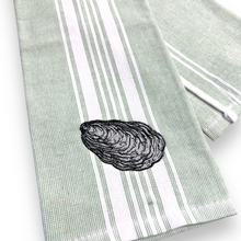 Load image into Gallery viewer, Coastal Green Stripe Oyster Embroidered Dish Towel - Nautical Cotton Kitchen Towel