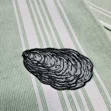 Load image into Gallery viewer, Coastal Green Stripe Oyster Embroidered Dish Towel - Nautical Cotton Kitchen Towel