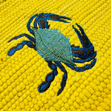 Load image into Gallery viewer, Yellow Coastal Table Runner with Oyster and Crab Embroidery - Nautical Home Decor