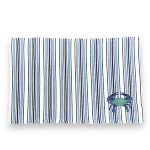 Set of 4 Blue Striped Crab Embroidered Placemats - Coastal Nautical Dining Table Mats