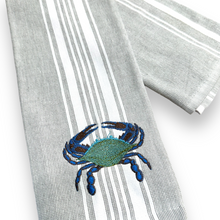 Load image into Gallery viewer, Nautical Gray Stripe Crab Embroidered Dish Towel - Coastal Cotton Kitchen Towel
