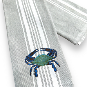 Nautical Gray Stripe Crab Embroidered Dish Towel - Coastal Cotton Kitchen Towel