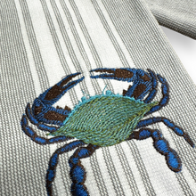 Load image into Gallery viewer, Nautical Gray Stripe Crab Embroidered Dish Towel - Coastal Cotton Kitchen Towel
