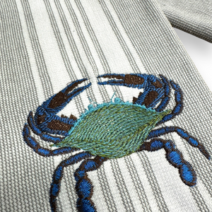 Nautical Gray Stripe Crab Embroidered Dish Towel - Coastal Cotton Kitchen Towel