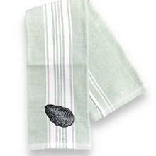 Load image into Gallery viewer, Coastal Green Stripe Oyster Embroidered Dish Towel - Nautical Cotton Kitchen Towel
