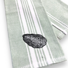 Load image into Gallery viewer, Coastal Green Stripe Oyster Embroidered Dish Towel - Nautical Cotton Kitchen Towel
